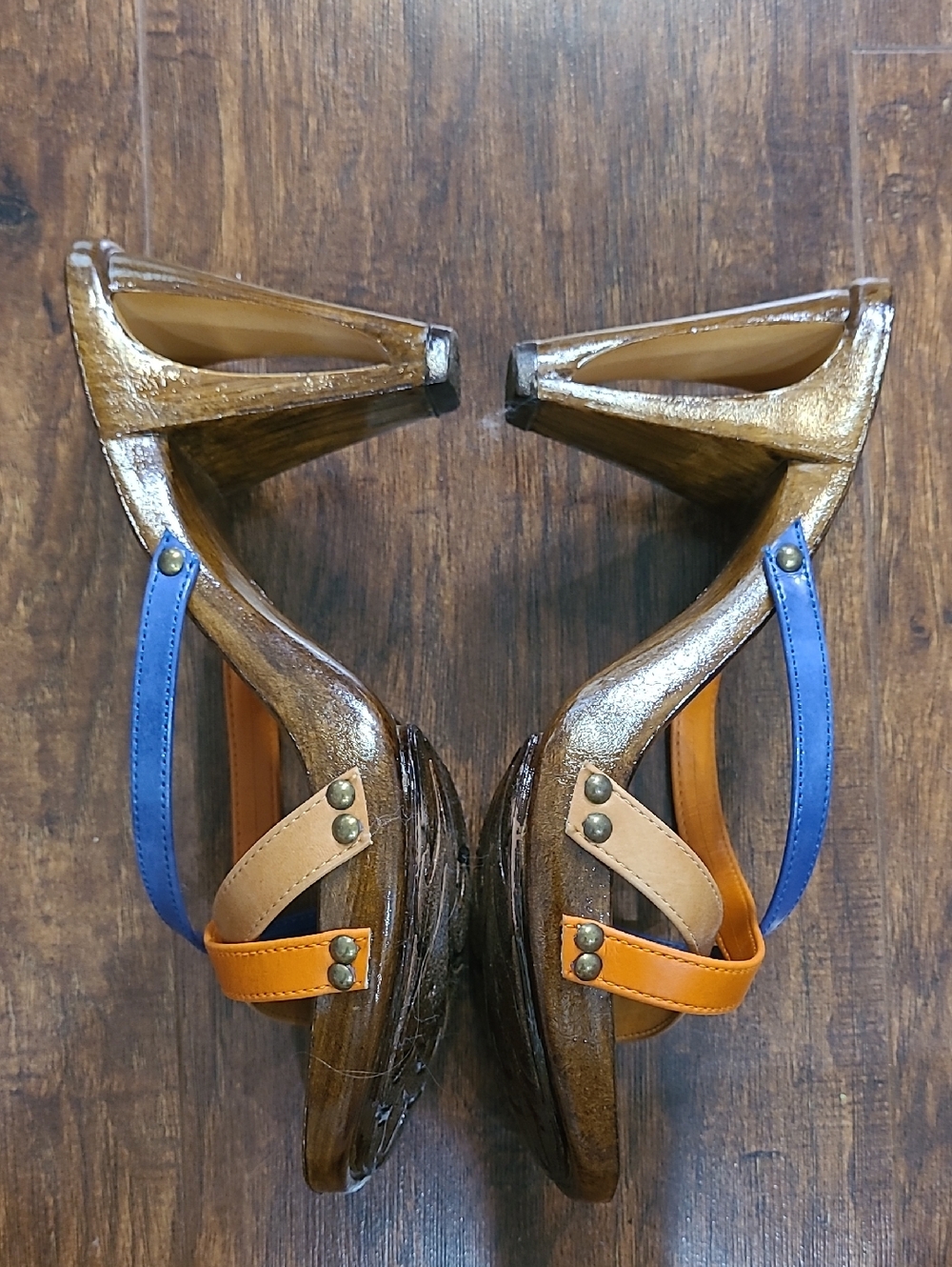 Italian Shoemakers Blue & Tan Strappy High-Heel Sandals Wood Size 9 - Picture 7 of 10